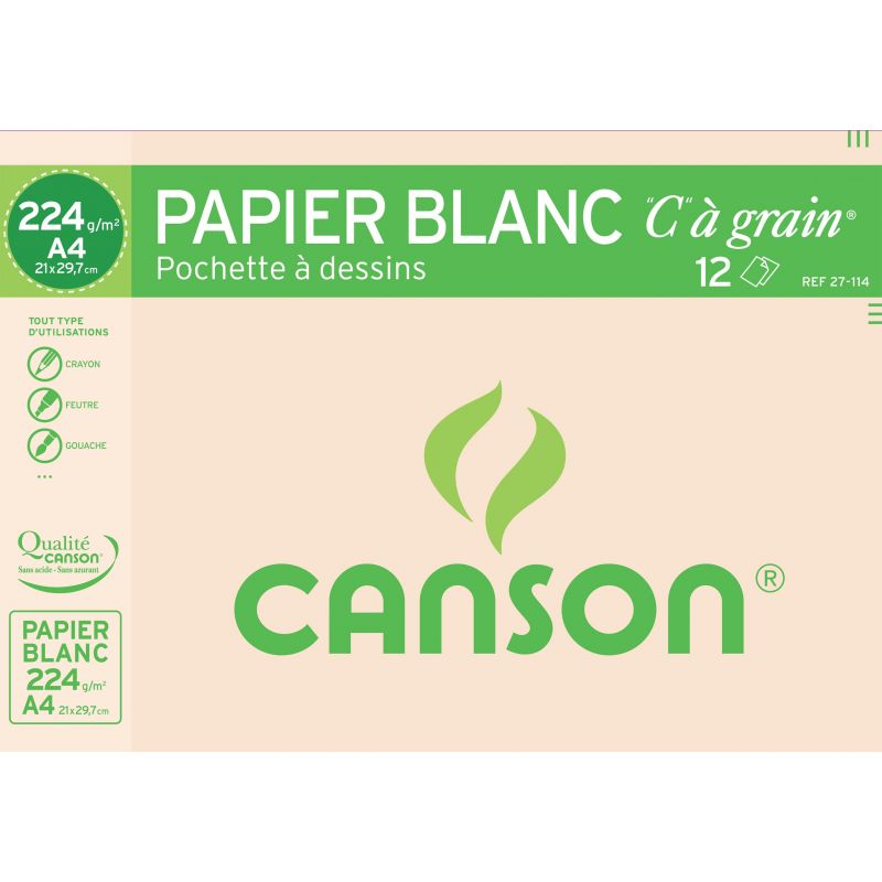 CANSON Pochette 12 feuilles papier dessin Blanc 224g format A4 CANSON Pochette 12 feuilles papier dessin Blanc 224g format A4