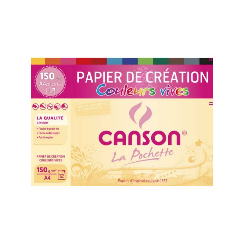 CANSON Pochette 12 feuilles couleurs vives CREATION 150g A4 CANSON Pochette 12 feuilles couleurs vives CREATION 150g A4