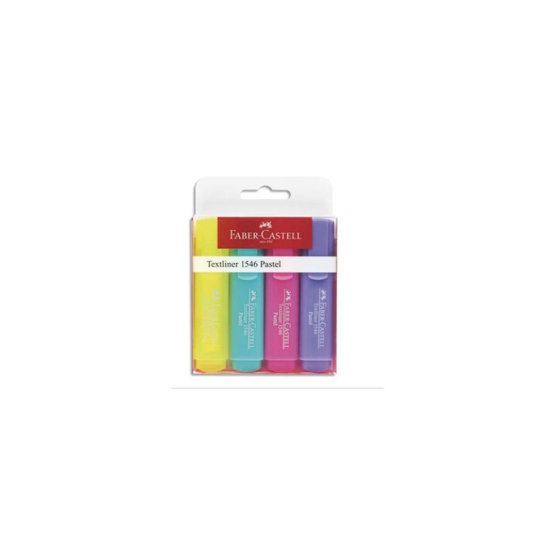 FABER CASTELL Pochette de 4 Surligneurs Textliner 1546, pointe feutre biseautée. Coloris pastel assortis. FABER CASTELL Pochette de 4 Surligneurs Textliner 1546, pointe feutre biseautée. Coloris pastel assortis.