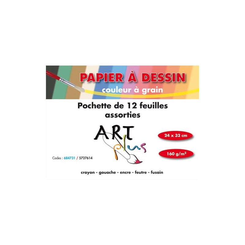 ART PLUS Pochette de 12 feuilles dessin couleurs assorties 160g format 24x32cm ART PLUS Pochette de 12 feuilles dessin couleurs assorties 160g format 24x32cm
