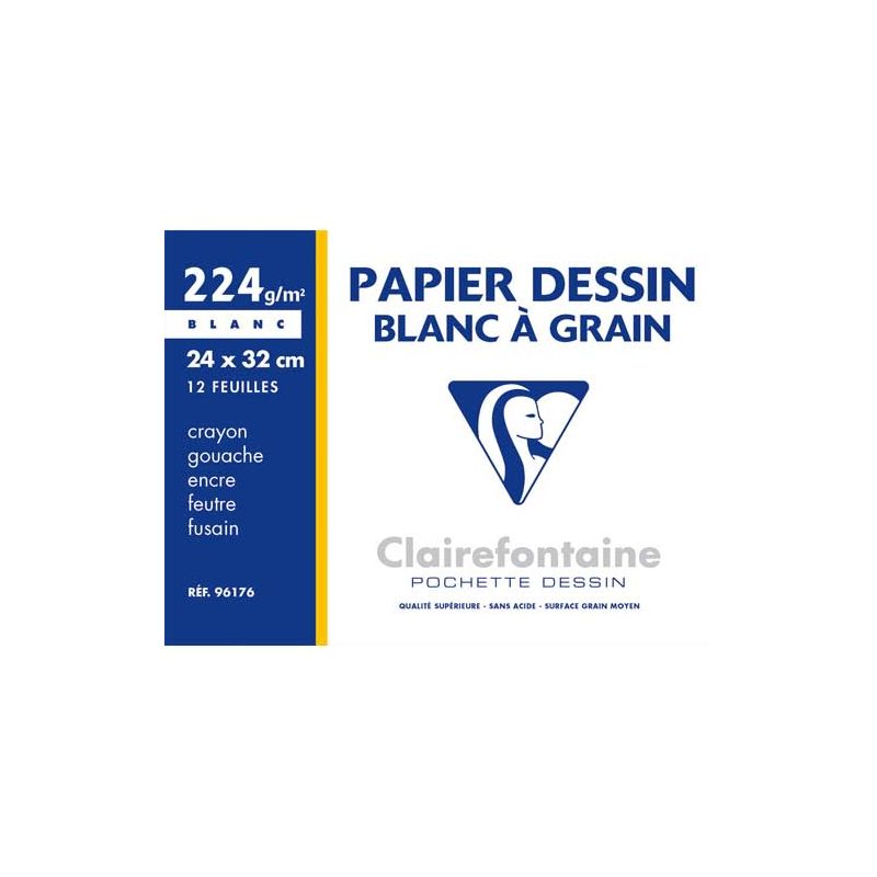 CLAIREFONTAINE Pochette de 12 feuilles papier dessin Blanc 24x32 224g CLAIREFONTAINE Pochette de 12 feuilles papier dessin Blanc 24x32 224g