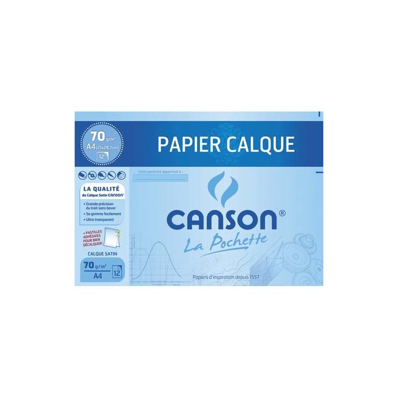CANSON Pochette de 12 feuilles papier calque satin 70g A4 livrée avec pastilles repositionnables CANSON Pochette de 12 feuilles papier calque satin 70g A4 livrée avec pastilles repositionnables