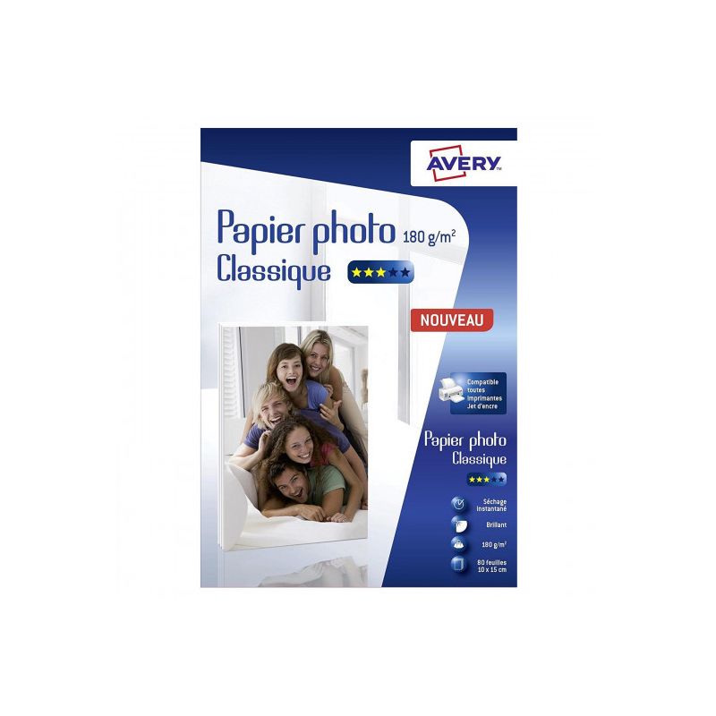 AVERY Boîte de 80 feuilles de papier photo brillant 10x15cm 180g AVERY Boîte de 80 feuilles de papier photo brillant 10x15cm 180g