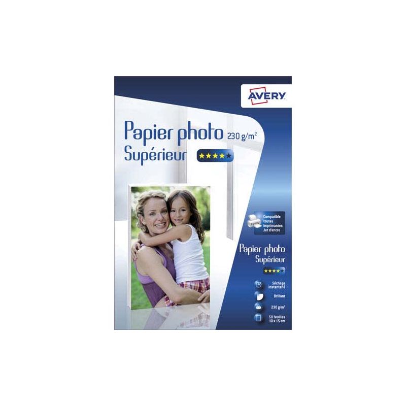 AVERY Boîte de 50 feuilles de papier photo brillant 10x15cm jet d'encre 230 g/m² AVERY Boîte de 50 feuilles de papier photo brillant 10x15cm jet d'encre 230 g/m²