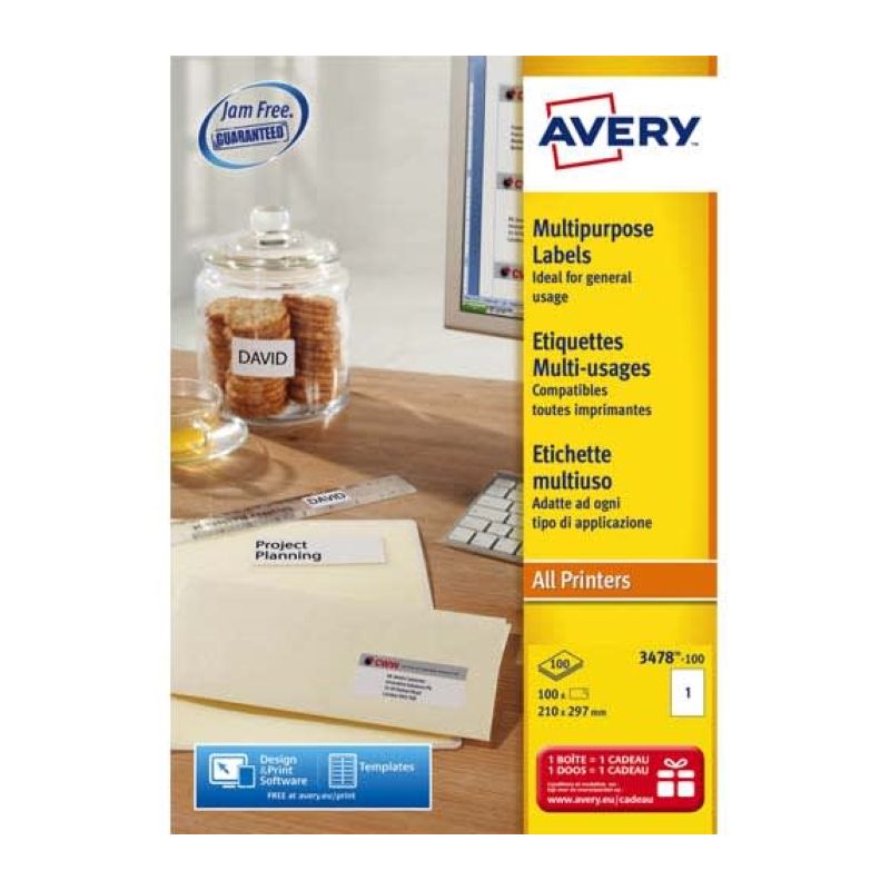 AVERY Boîte de 100 étiquettes Blanches multi usages 210x297mm AVERY Boîte de 100 étiquettes Blanches multi usages 210x297mm