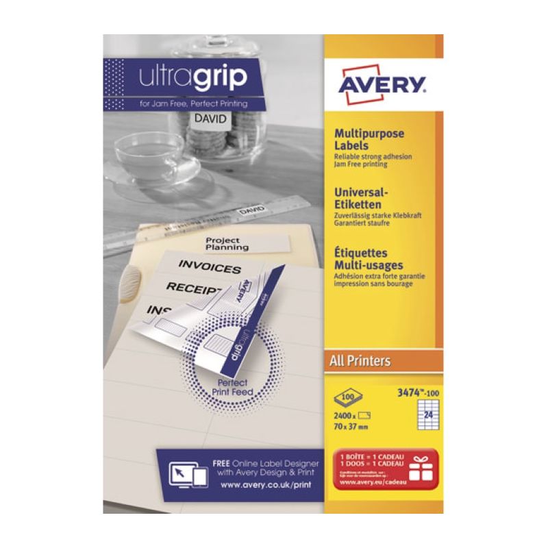 AVERY Boîte de 2400 étiquettes Blanches multi usages 70x37 mm AVERY Boîte de 2400 étiquettes Blanches multi usages 70x37 mm
