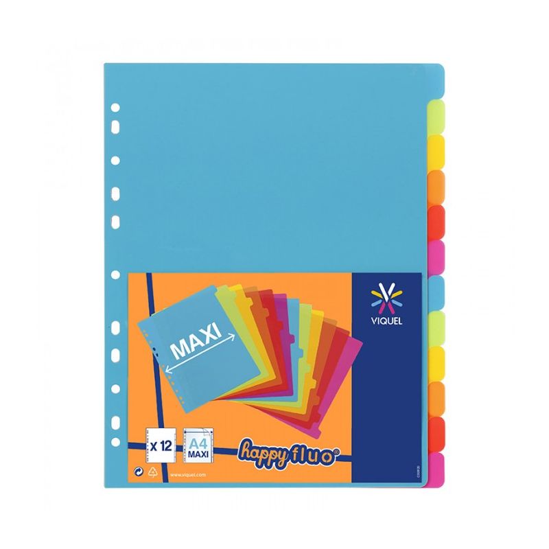 VIQUEL Jeu de 12 intercalaires polypropylène A4 Coloris fluo VIQUEL Jeu de 12 intercalaires polypropylène A4 Coloris fluo