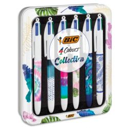 BIC Boîte métal de 6 stylos bille 4 Couleurs rétractable. Corps Tie&Die. Coloris encre classique assortis