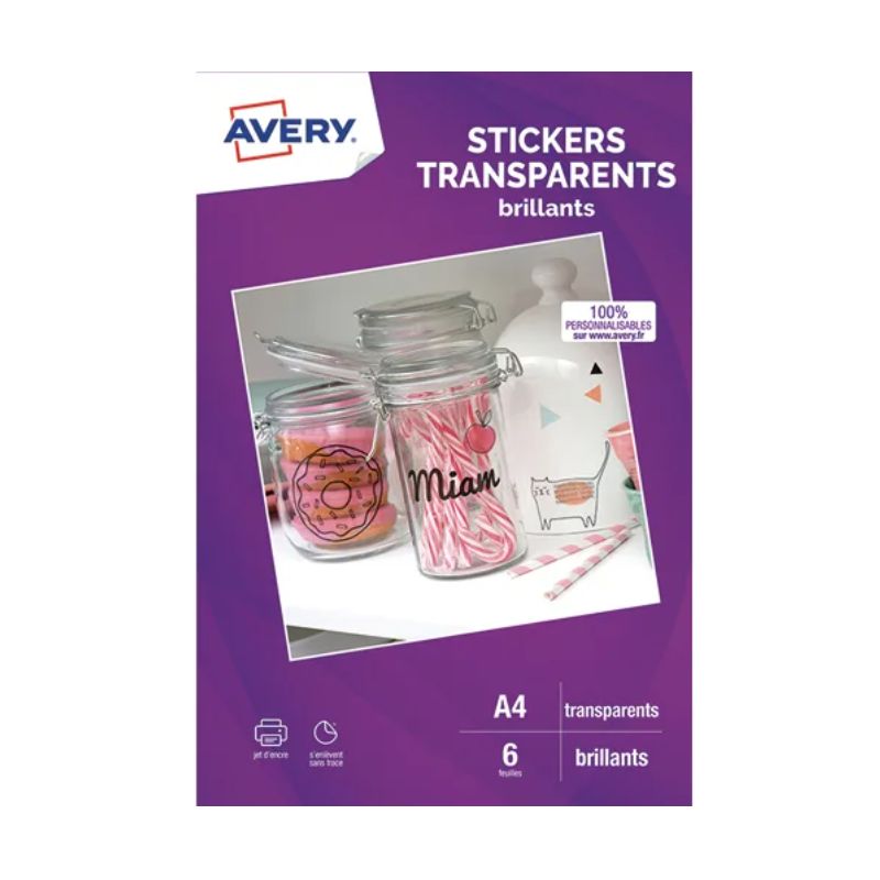 AVERY Sachet de 6 autocollants transparents A4. Impression jet d'encre AVERY Sachet de 6 autocollants transparents A4. Impression jet d'encre