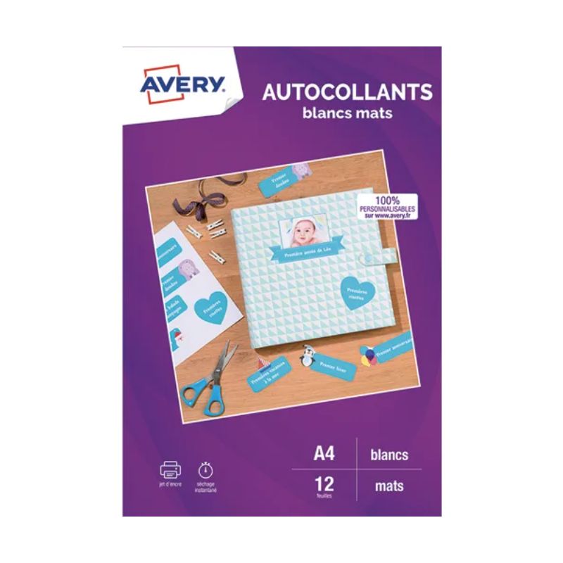 AVERY Sachet de 12 autocollants blancs mats A4. Impression jet d'encre AVERY Sachet de 12 autocollants blancs mats A4. Impression jet d'encre