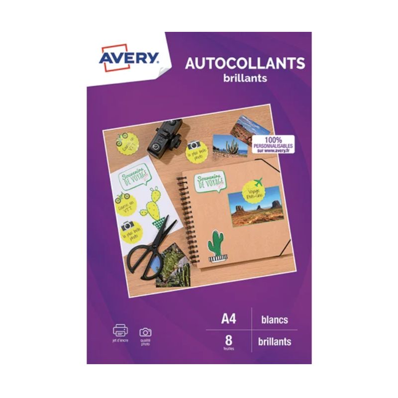 AVERY Sachet de 8 autocollants blancs brillants qualité photo A4. Impression jet d'encre AVERY Sachet de 8 autocollants blancs brillants qualité photo A4. Impression jet d'encre
