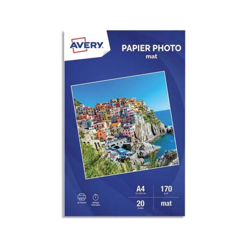 AVERY Boîte de 20 feuilles de papier photo mat A4, Jet d'encre, 170 g AVERY Boîte de 20 feuilles de papier photo mat A4, Jet d'encre, 170 g
