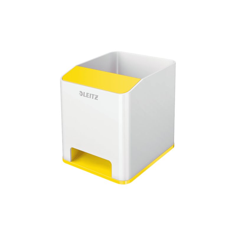 LEITZ Pot crayons booster de son Dual. Dim : L9 x H10 x P10,1 cm. Finition brillante. Coloris Blanc/Jaune LEITZ Pot crayons booster de son Dual. Dim : L9 x H10 x P10,1 cm. Finition brillante. Coloris Blanc/Jaune