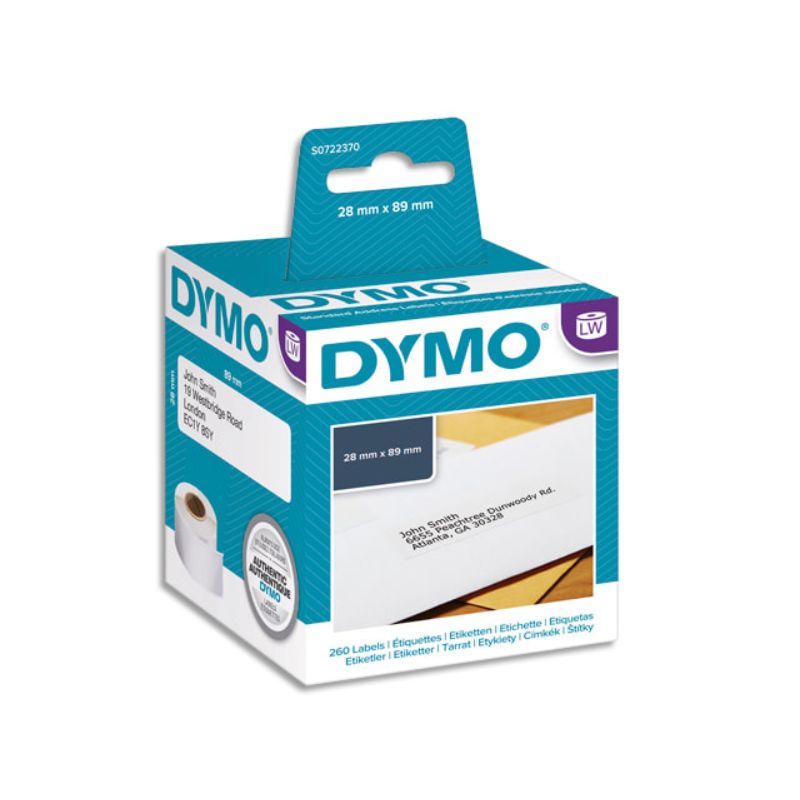 DYMO Pack de 2 rouleaux de 130 étiquettes adresse adhésif permanent 28x89mm S0722370 DYMO Pack de 2 rouleaux de 130 étiquettes adresse adhésif permanent 28x89mm S0722370