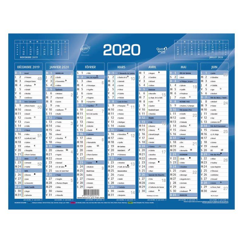 QUO VADIS Calendrier 7 mois par face avec vacances scolaires en haut, format 55 x 40,5 cm Bleu QUO VADIS Calendrier 7 mois par face avec vacances scolaires en haut, format 55 x 40,5 cm Bleu