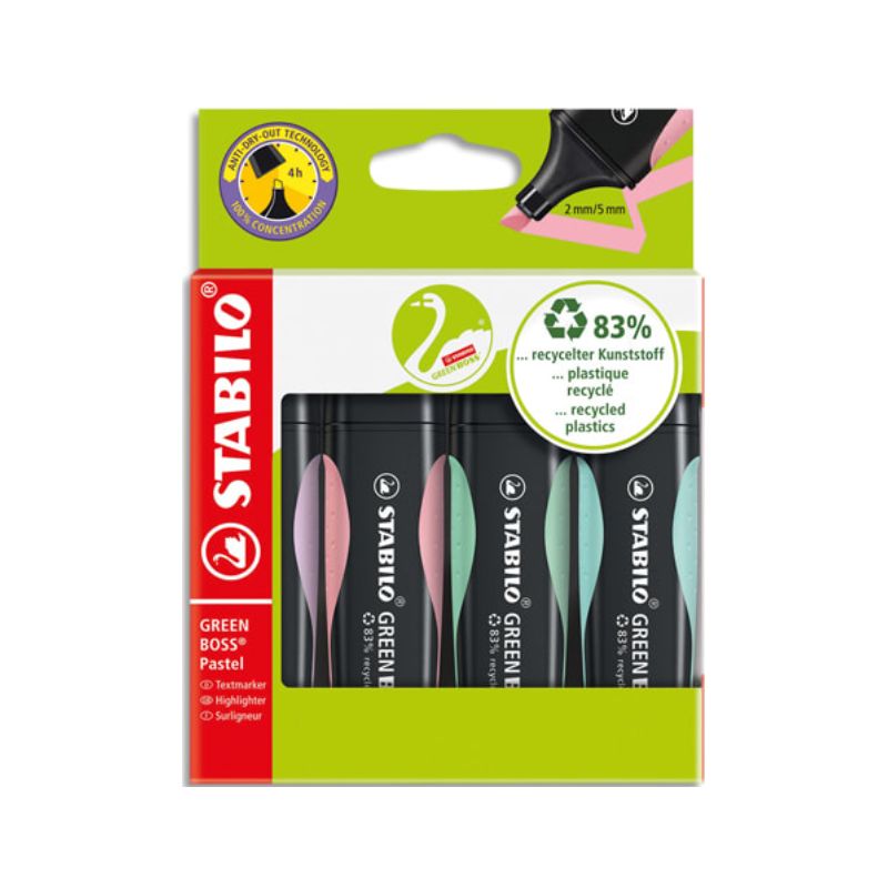 STABILO Pochette de 4 surligneurs GREEN BOSS. 83% de plastique recyclé. Pointe biseautée. Assortis