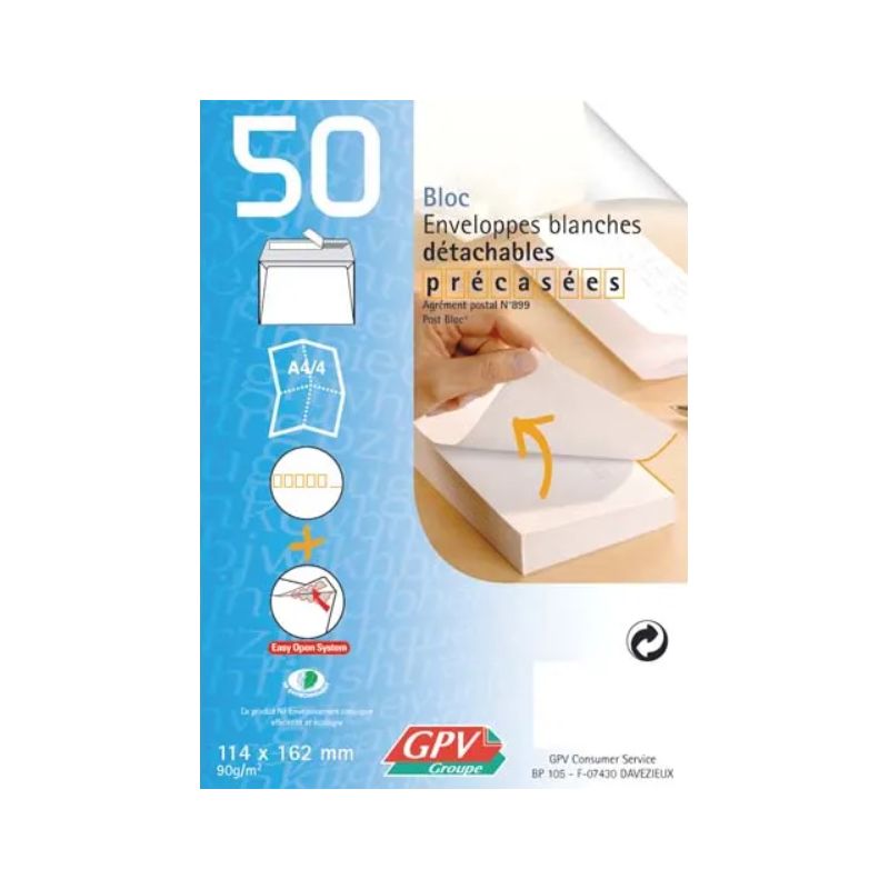 GPV Bloc de 50 enveloppes post bloc 90 grammes format 114x162 mm NF GPV Bloc de 50 enveloppes post bloc 90 grammes format 114x162 mm NF