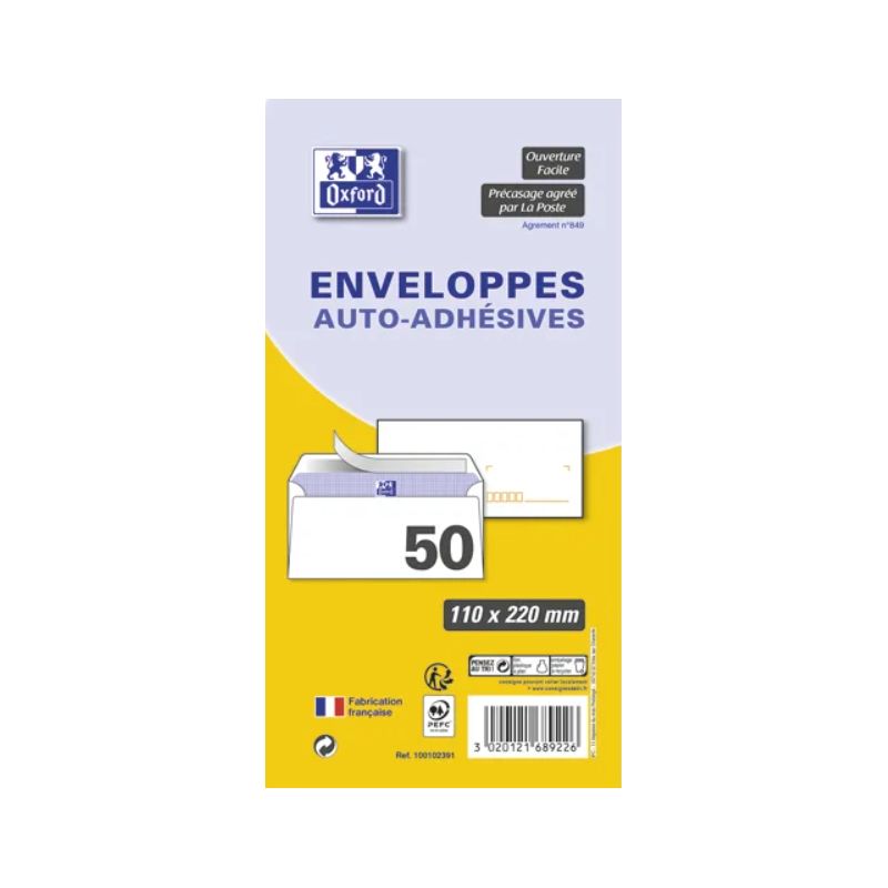 OXFORD Paquet de 50 enveloppes Blanches pré-casées auto-adhésives 80g format 110x220mm DL OXFORD Paquet de 50 enveloppes Blanches pré-casées auto-adhésives 80g format 110x220mm DL