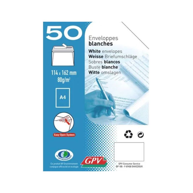 GPV Paquet de 50 enveloppes Blanches auto-adhésives 80 grammes format 114x162mm GPV Paquet de 50 enveloppes Blanches auto-adhésives 80 grammes format 114x162mm