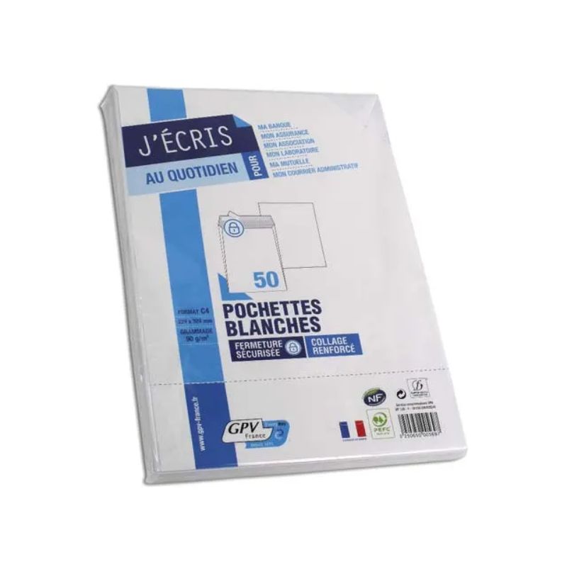 GPV Paquet de 50 pochettes vélin Blanc auto-adhésives 90g format C4 229 x 324 mm fenêtre 50 x 100 mm GPV Paquet de 50 pochettes vélin Blanc auto-adhésives 90g format C4 229 x 324 mm fenêtre 50 x 100 mm