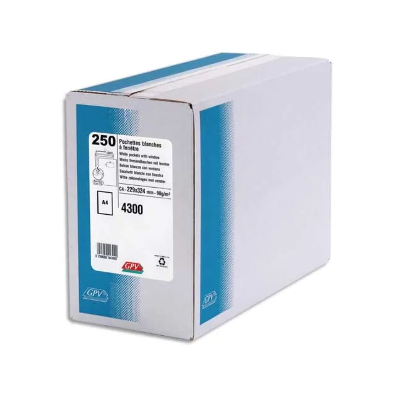 GPV Boîte de 250 pochettes auto-adhésives velin Blanc 90g format 229x324 C4 fenêtre 50x110 GPV Boîte de 250 pochettes auto-adhésives velin Blanc 90g format 229x324 C4 fenêtre 50x110