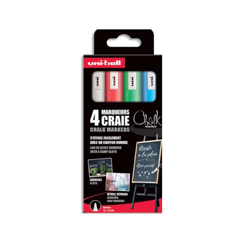 UNI-BALL Pochette 4 marqueurs craie CHALK. Pointe conique 1,8-2,5mm. Coloris Blanc,Vert Fluo,Rouge,Bleu UNI-BALL Pochette 4 marqueurs craie CHALK. Pointe conique 1,8-2,5mm. Coloris Blanc,Vert Fluo,Rouge,Bleu