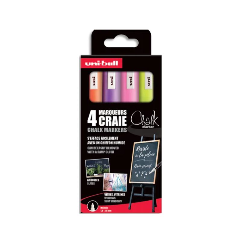 UNI-BALL Pochette 4 marqueurs craie CHALK. Pointe conique 1,8-2,5mm. Fluo : Jaune, Orange, Rose et violet UNI-BALL Pochette 4 marqueurs craie CHALK. Pointe conique 1,8-2,5mm. Fluo : Jaune, Orange, Rose et violet
