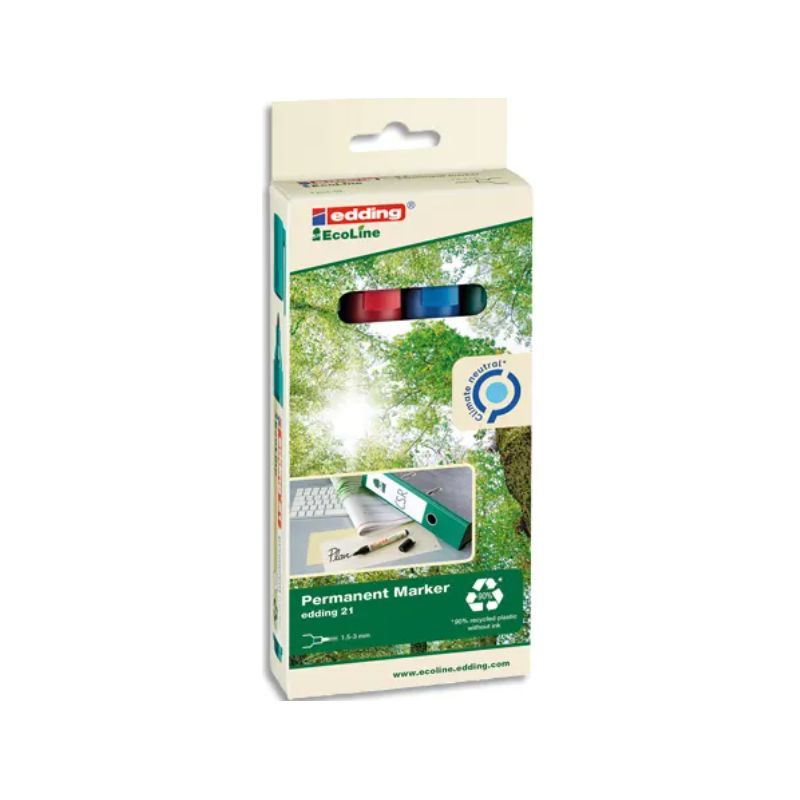 EDDING Set de 4 Marqueurs permanents. Pointe 1,5 à 3mm. Coloris assortis. Fabriqué en matériaux recyclés EDDING Set de 4 Marqueurs permanents. Pointe 1,5 à 3mm. Coloris assortis. Fabriqué en matériaux recyclés