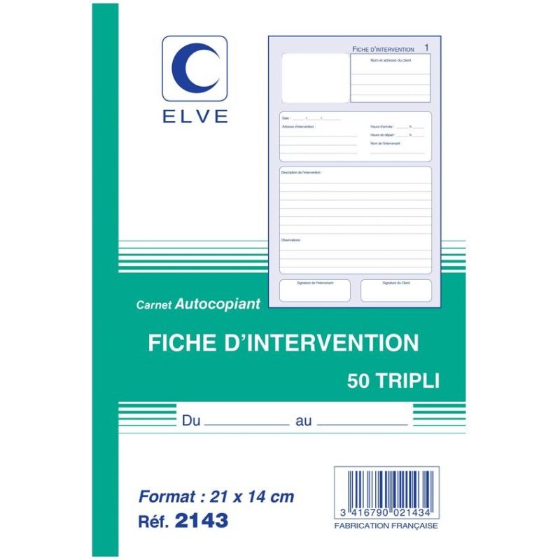 ELVE Manifold ficher d'intervention format 210x140 50 feuillets tripli ELVE Manifold ficher d'intervention format 210x140 50 feuillets tripli
