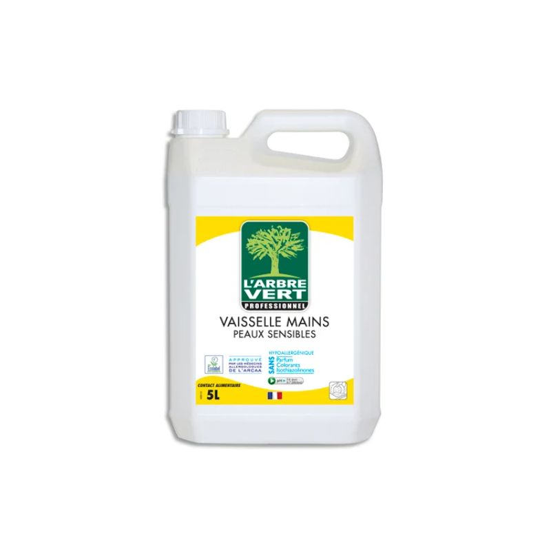L'ARBRE VERT Bidon de 5 Litres Liquide vaisselle mains peaux sensibles sans allergènes Ecolabel L'ARBRE VERT Bidon de 5 Litres Liquide vaisselle mains peaux sensibles sans allergènes Ecolabel