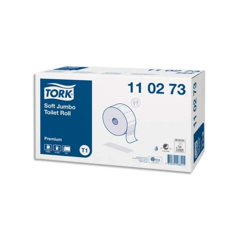 TORK Colis de 6 Bobines de Papier toilette Maxi Jumbo Premium doux 2 plis L360 m x D26 cm Blanc logo Bleu TORK Colis de 6 Bobines de Papier toilette Maxi Jumbo Premium doux 2 plis L360 m x D26 cm Blanc logo Bleu
