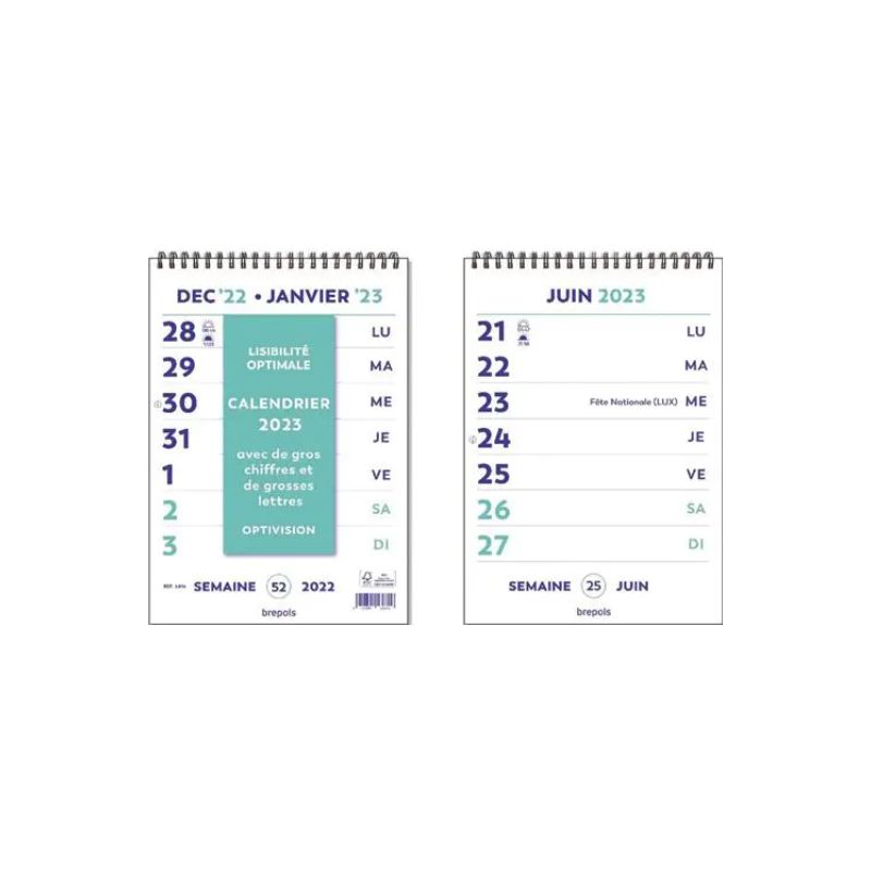 BREPOLS Calendrier OPTIVISION FR, spiralé, Grille Wire-o, caractères agrandis, 21x29,7cm BREPOLS Calendrier OPTIVISION FR, spiralé, Grille Wire-o, caractères agrandis, 21x29,7cm