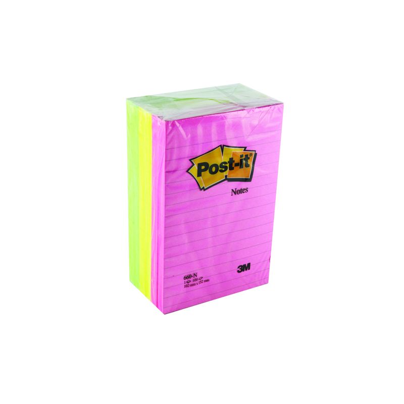 POST-IT Lot de 6 blocs repositionnables de 100 feuilles 102 x 152 mm néon assortis POST-IT Lot de 6 blocs repositionnables de 100 feuilles 102 x 152 mm néon assortis