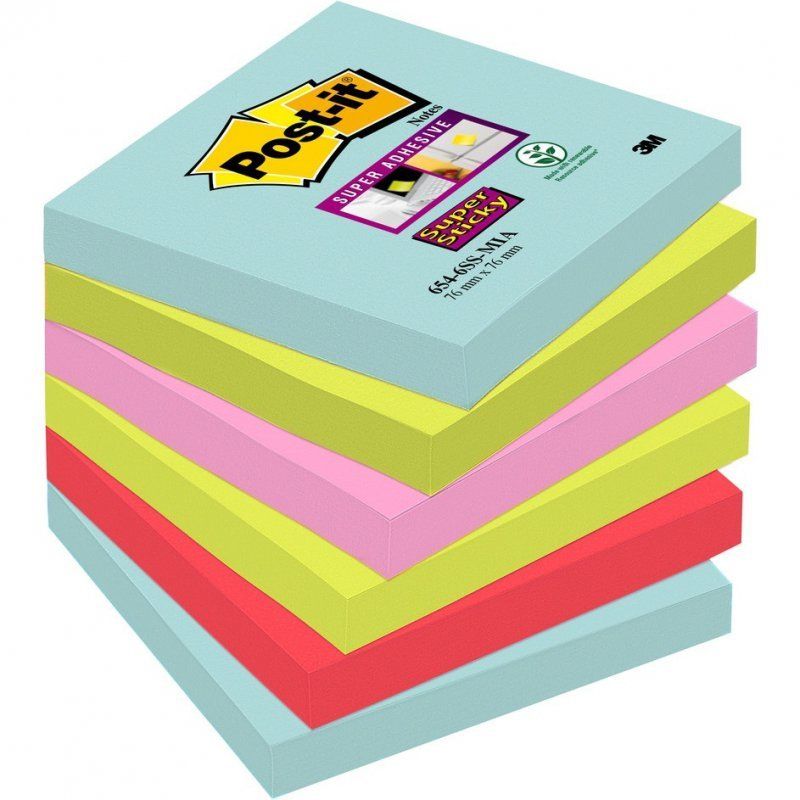 POST-IT Lot de 6 blocs Z-Notes Super Sticky couleurs MIAMI 90 feuilles 76 x 76 mm POST-IT Lot de 6 blocs Z-Notes Super Sticky couleurs MIAMI 90 feuilles 76 x 76 mm