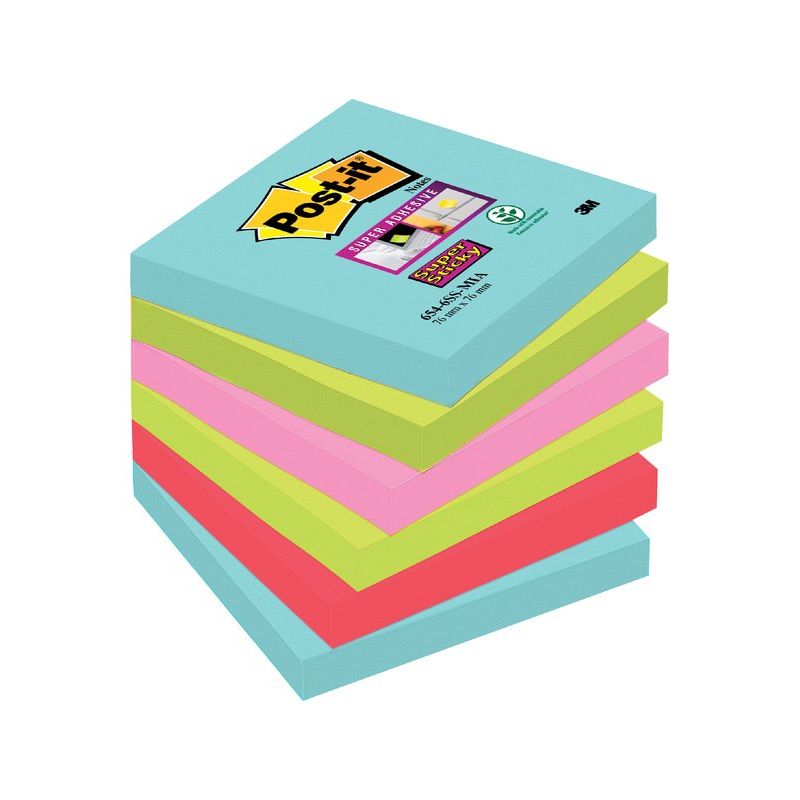 POST-IT Lot de 6 blocs Notes Super Sticky couleurs MIAMI 90 feuilles 76 x 76 mm POST-IT Lot de 6 blocs Notes Super Sticky couleurs MIAMI 90 feuilles 76 x 76 mm