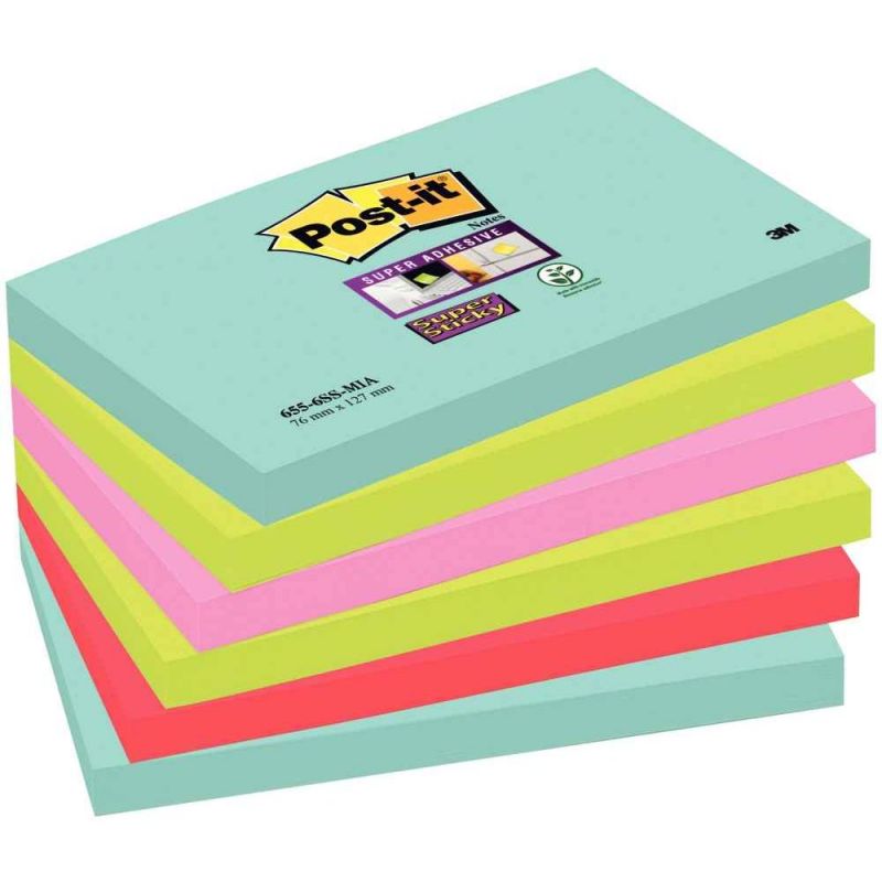 POST-IT Lots de 6 blocs Notes Super Sticky couleurs MIAMI 90 feuilles 76 x 127 mm POST-IT Lots de 6 blocs Notes Super Sticky couleurs MIAMI 90 feuilles 76 x 127 mm