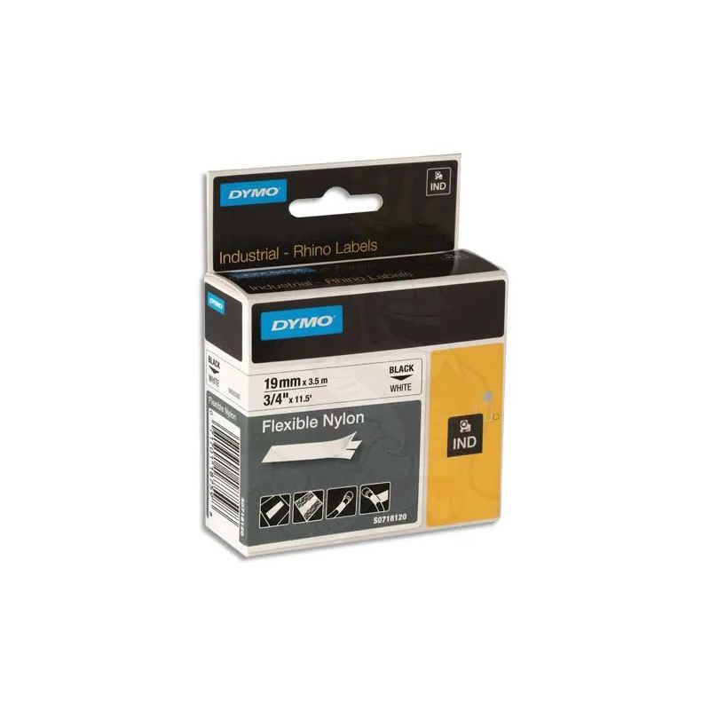 DYMO Ruban RHINO 19mmx3,5m Noir/Blanc nylon flexible pour surfaces texturées 18489 DYMO Ruban RHINO 19mmx3,5m Noir/Blanc nylon flexible pour surfaces texturées 18489