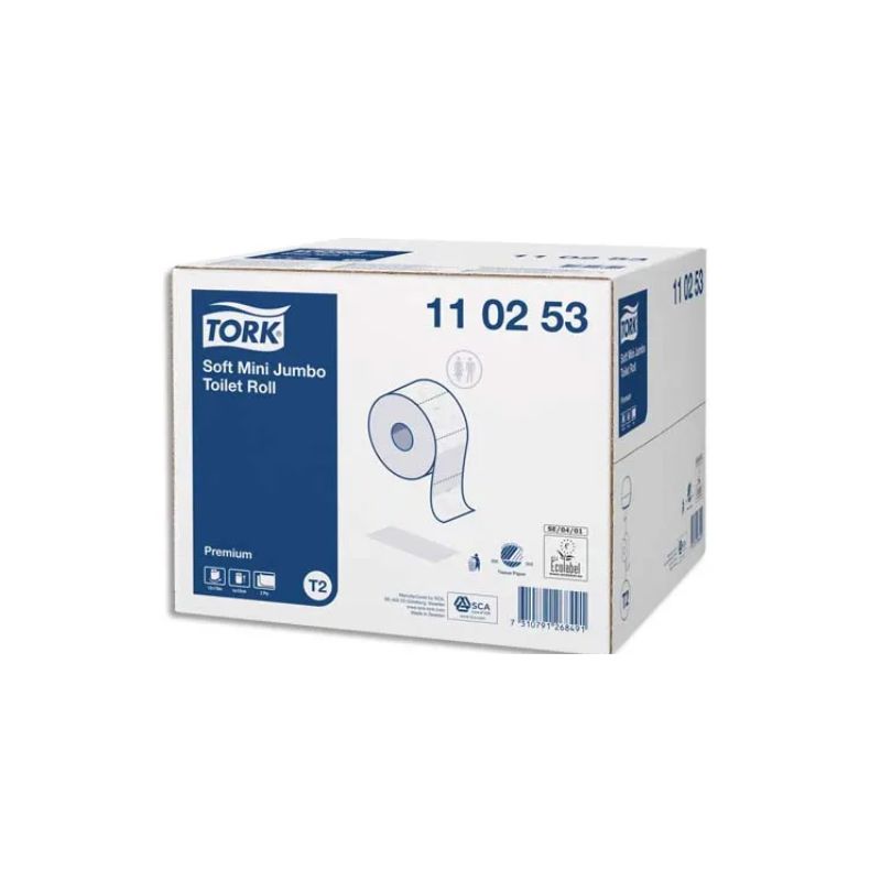 TORK Colis de 12 Bobines Papier toilette Mini Jumbo Premium doux 2 plis L170 m x D18 cm Blanc logo Bleu TORK Colis de 12 Bobines Papier toilette Mini Jumbo Premium doux 2 plis L170 m x D18 cm Blanc logo Bleu