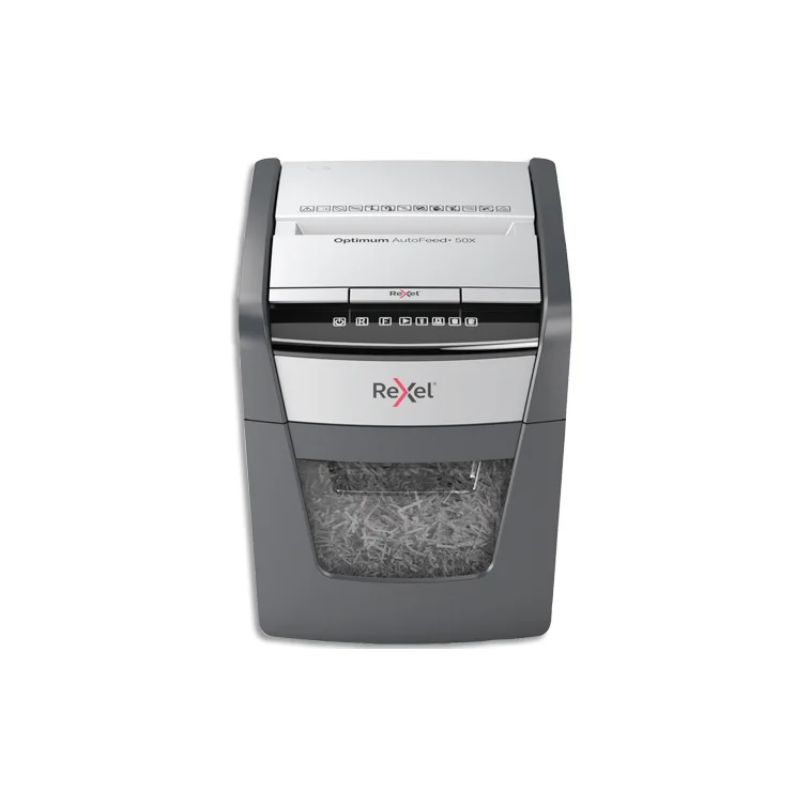 REXEL Destructeur de documents Optimum Auto+ 50X P-4, coupe croisée, 4x28mm, 50 feuilles, 20 L 2020050XEU REXEL Destructeur de documents Optimum Auto+ 50X P-4, coupe croisée, 4x28mm, 50 feuilles, 20 L 2020050XEU
