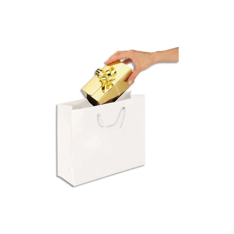 Paquet de 25 sacs pelliculés Blanc avec poignées cordelières assorties 30 x 25 x 10 cm Paquet de 25 sacs pelliculés Blanc avec poignées cordelières assorties 30 x 25 x 10 cm