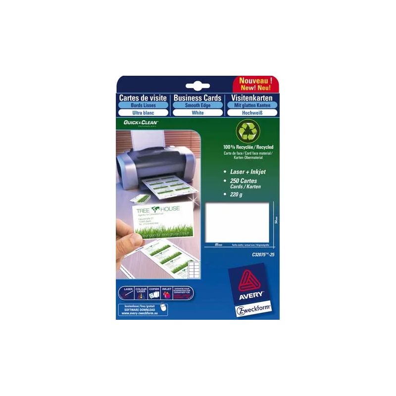 AVERY Paquet de 75 cartes de correspondance mate Laser 220g format 210x99mm Quick&Clean AVERY Paquet de 75 cartes de correspondance mate Laser 220g format 210x99mm Quick&Clean