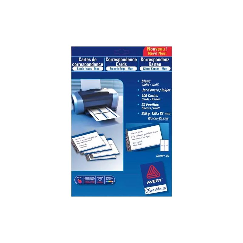 AVERY Pochette de 100 cartes de correspondance 82x128mm Quick&Clean 260g impression recto-verso AVERY Pochette de 100 cartes de correspondance 82x128mm Quick&Clean 260g impression recto-verso