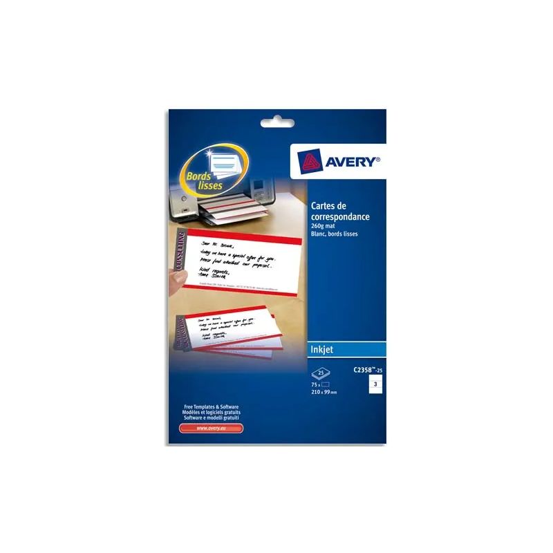 AVERY Pochette de 75 cartes de correspondance 210x99mm Quick&Clean 260g impression recto-verso AVERY Pochette de 75 cartes de correspondance 210x99mm Quick&Clean 260g impression recto-verso