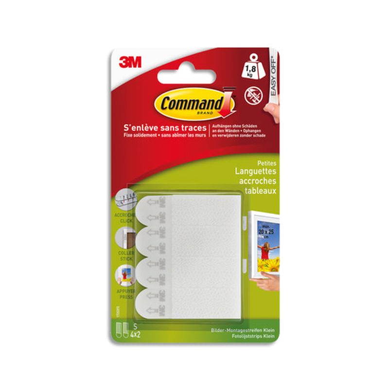 POST-IT Blister de 8 Languettes de fixation Command(TM) pour tableau, Petit modèle blanc Poids max 1,8 Kg POST-IT Blister de 8 Languettes de fixation Command(TM) pour tableau, Petit modèle blanc Poids max 1,8 Kg