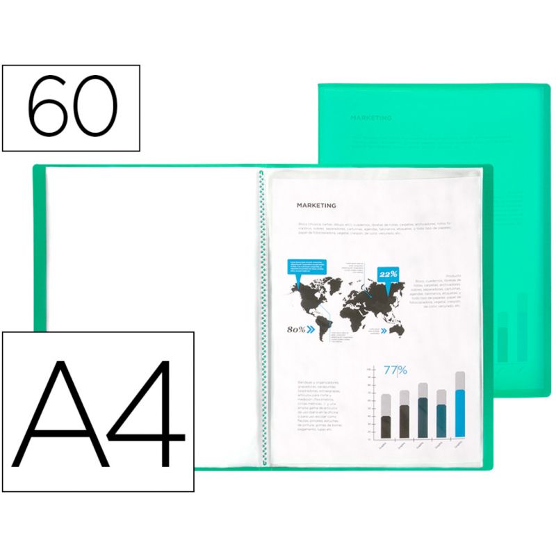 Protège-documents liderpapel polypropylène couverture flexible 60 pochettes fixes a4 220x297mm vert translucide. Protège-documents liderpapel polypropylène couverture flexible 60 pochettes fixes a4 220x297mm vert translucide.