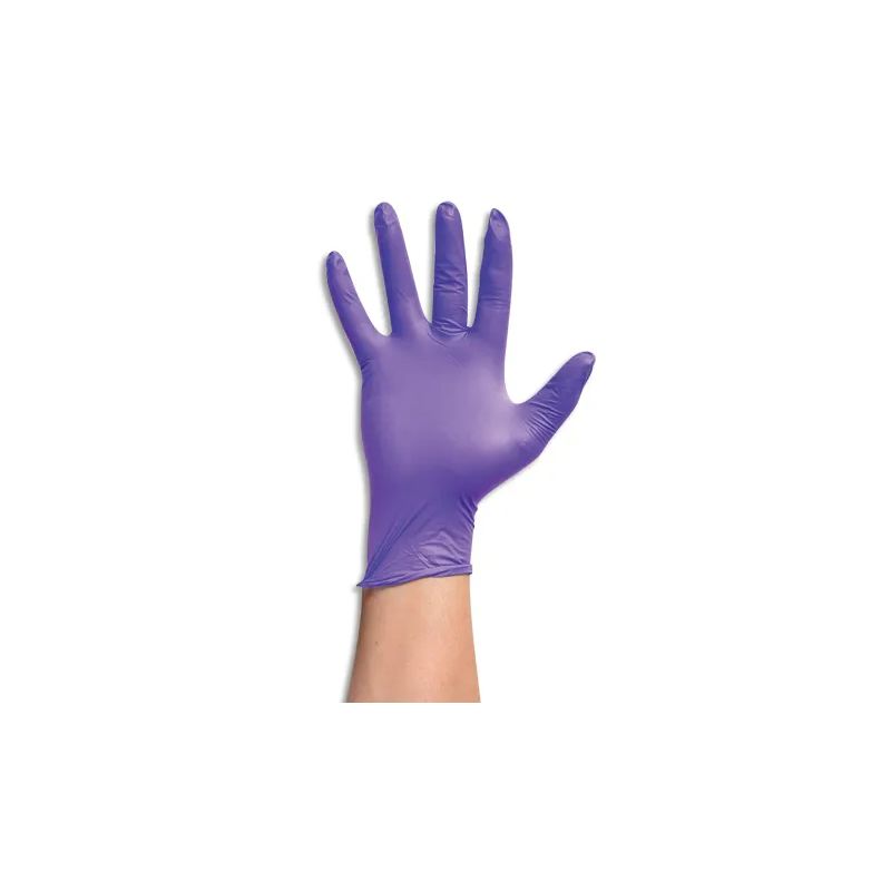 Boîte 100 gants nitrile violet touché texturé amélioré 100% synthétique. Sans protéine latex. Taille M Boîte 100 gants nitrile violet touché texturé amélioré 100% synthétique. Sans protéine latex. Taille M