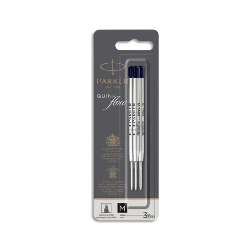 PARKER Blister de 3 recharges bille PARKER QuinkFlow. Pointe moyenne. Encre bleue