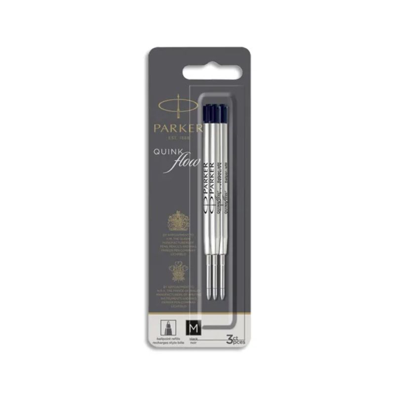 PARKER Blister de 3 recharges bille PARKER QuinkFlow. Pointe moyenne. Encre noire