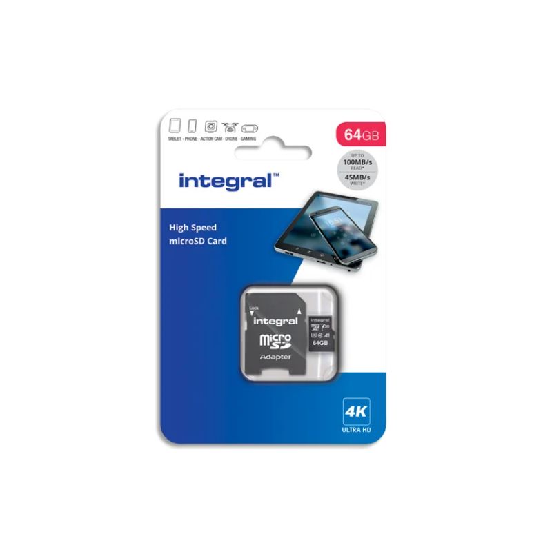 INTEGRAL Carte Micro SDXC+adaptateur 64Go V30 U3 A1 Class 10 UHS-I 100MB/s