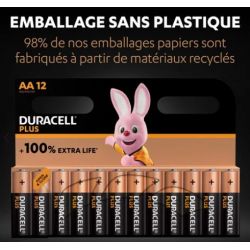 DURACELL Piles alcalines AA Plus 100%, 1,5V LR6 MN1500, lot de 12 piles